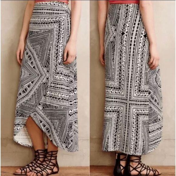 Anthropologie Dresses & Skirts - Anthropologie Maeve Bombora Black White Printed Faux Wrap Maxi Skirt L